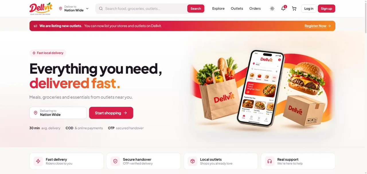 Dellvit, delivery marketplace website homepage