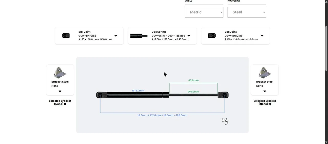 Gas Spring Configurator, product configurator website homepage