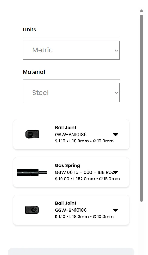 Gas Spring Configurator screen 1
